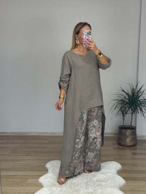 Relaxed High-Low Tunic Floral Wide-Leg Two-Piece Set