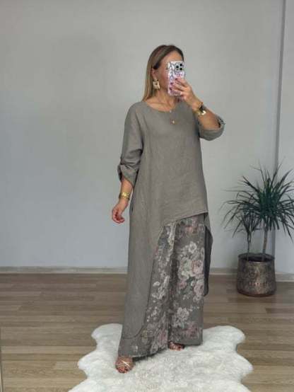 Relaxed High-Low Tunic Floral Wide-Leg Two-Piece Set