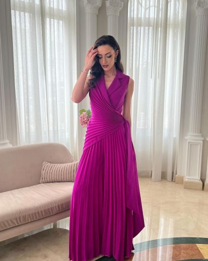 Lapel Top & Wide Leg Pleated Pants Jumpsuit (Buy 2 Free Shipping)