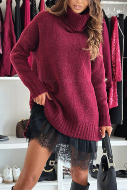 Cozy Turtleneck Knit Sweater & Lace Hem Slip Dress Two-Piece Set
