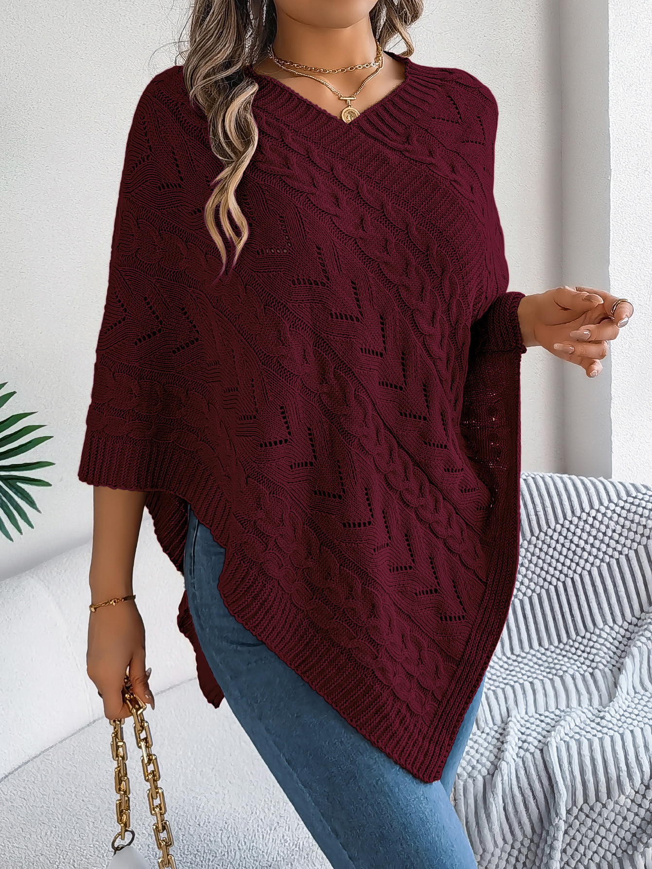 Relaxed Chevron Cable Knit V-Neck Poncho Sweater