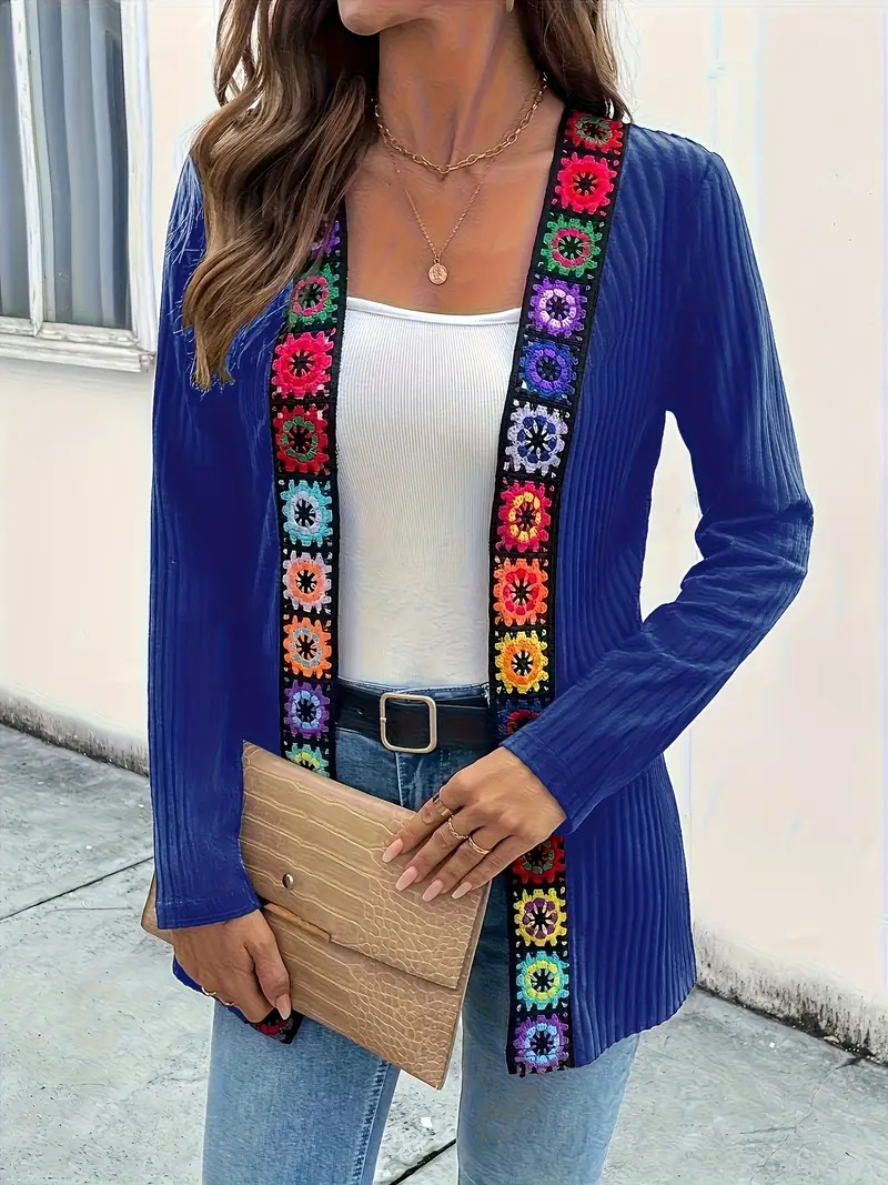Boho Crochet Trim Rib Knit Open Cardigan
