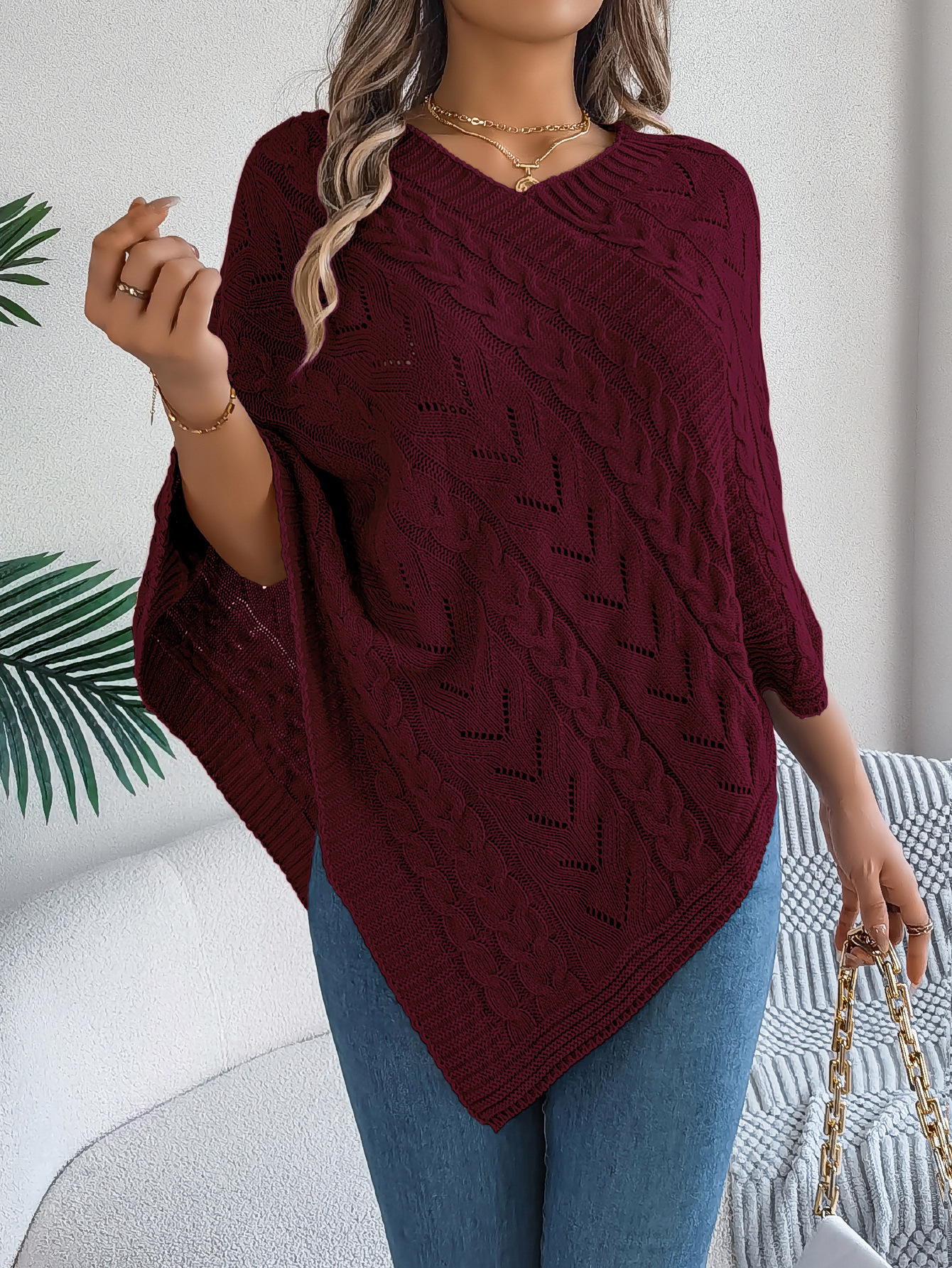 Relaxed Chevron Cable Knit V-Neck Poncho Sweater