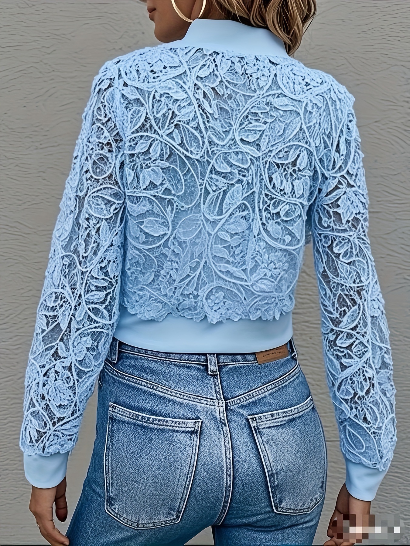 Elegant Lace Mesh Zip Front Cropped Jacket