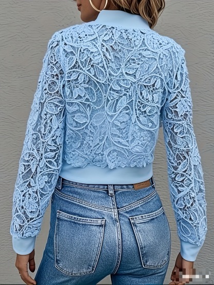 Elegant Lace Mesh Zip Front Cropped Jacket