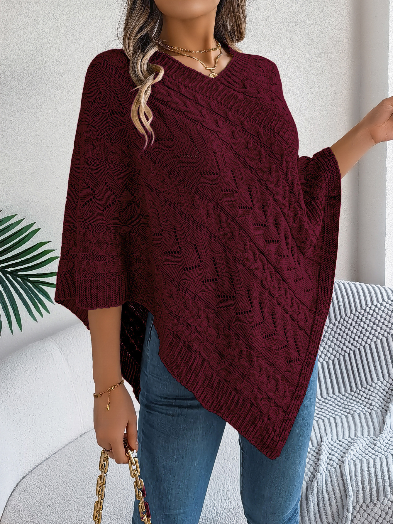 Relaxed Chevron Cable Knit V-Neck Poncho Sweater