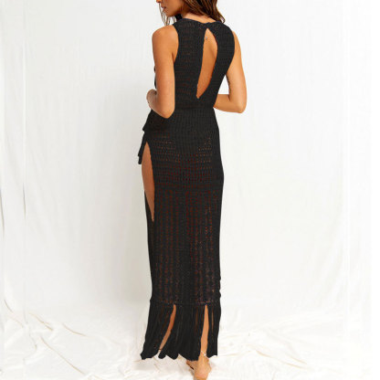 Boho Crochet Knit Tassel Hem Side Slit Dress