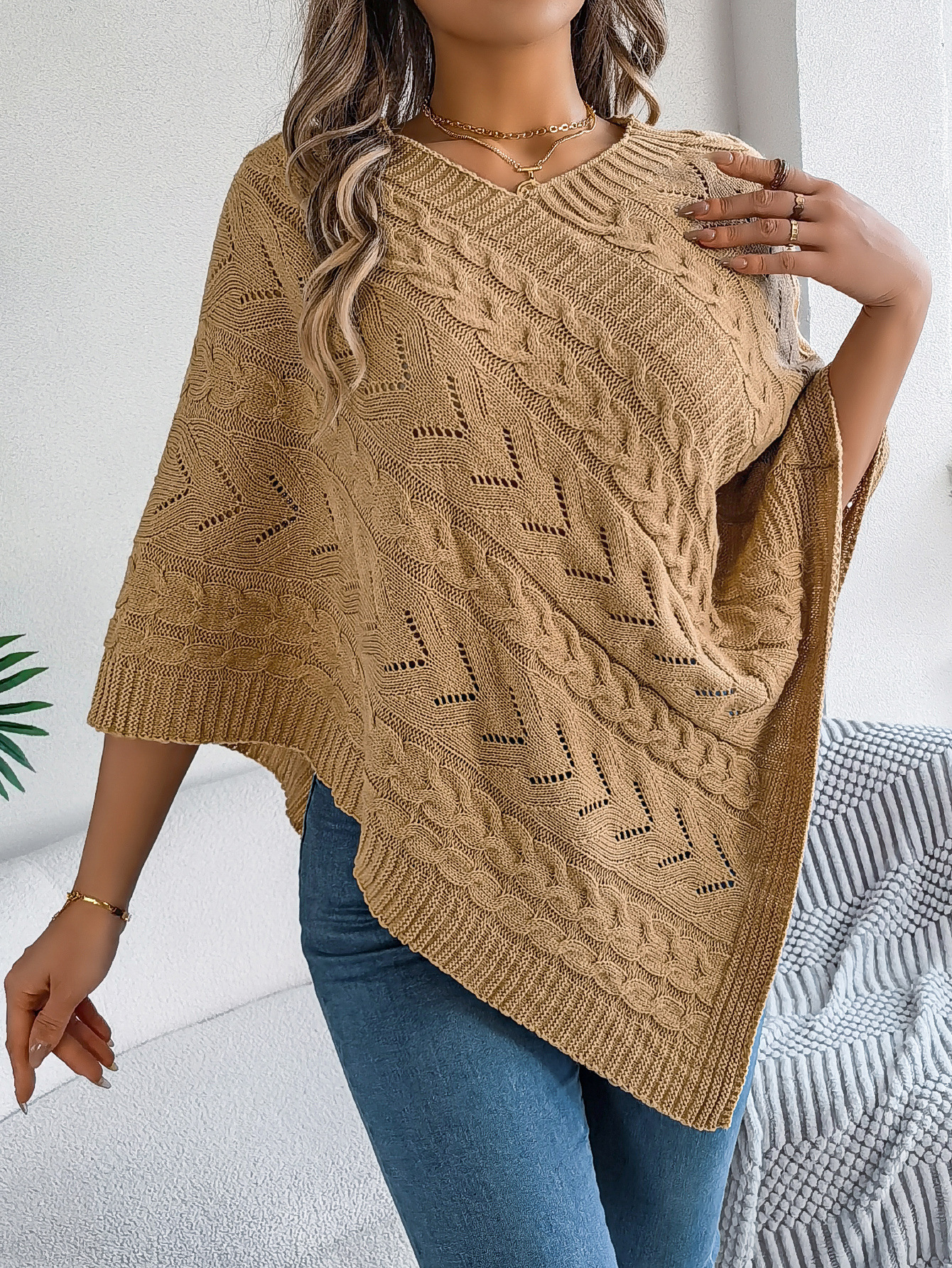 Relaxed Chevron Cable Knit V-Neck Poncho Sweater