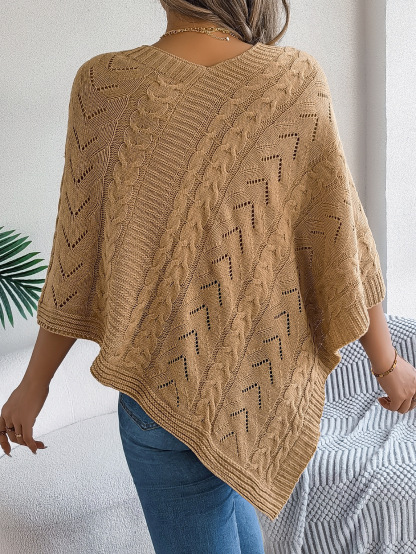 Relaxed Chevron Cable Knit V-Neck Poncho Sweater