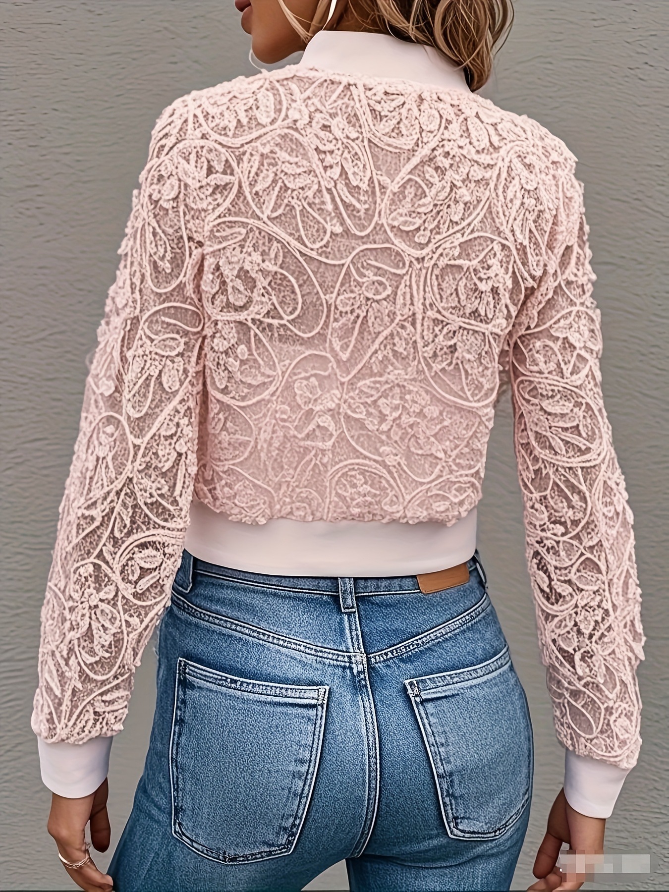 Elegant Lace Mesh Zip Front Cropped Jacket