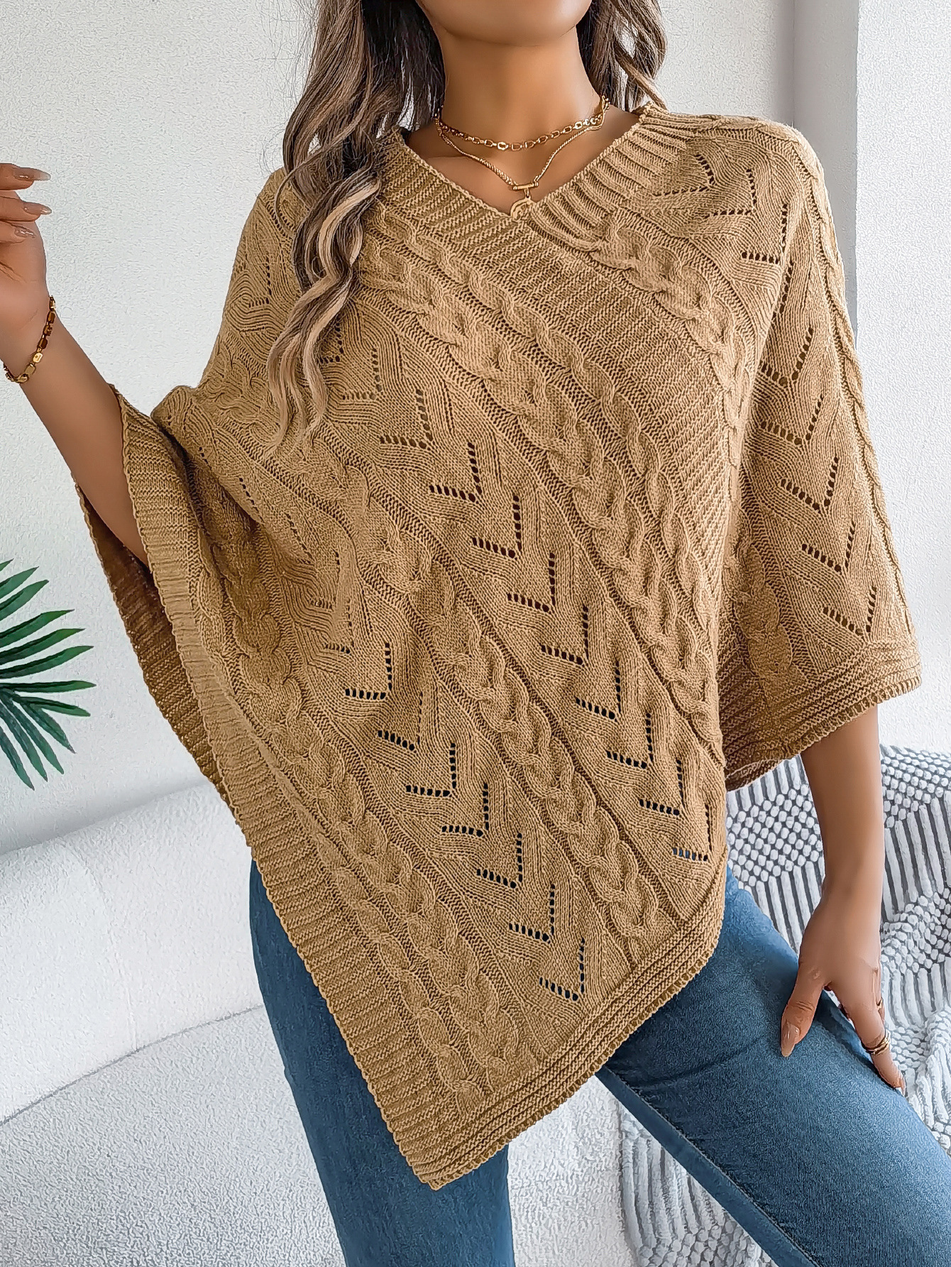 Relaxed Chevron Cable Knit V-Neck Poncho Sweater