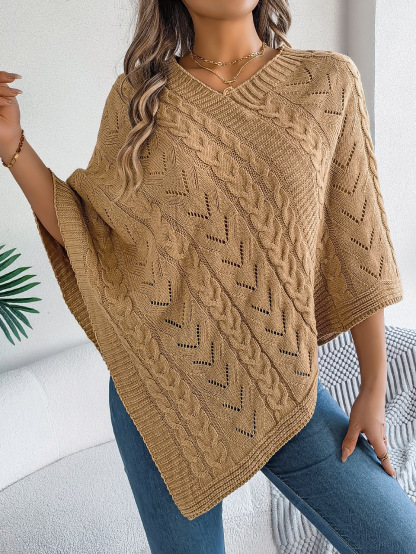 Relaxed Chevron Cable Knit V-Neck Poncho Sweater