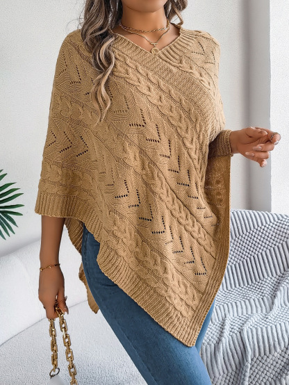 Relaxed Chevron Cable Knit V-Neck Poncho Sweater