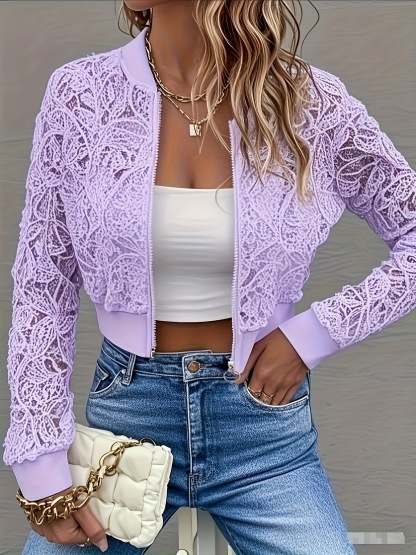 Elegant Lace Mesh Zip Front Cropped Jacket