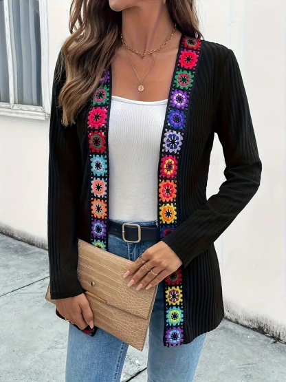 Boho Crochet Trim Rib Knit Open Cardigan