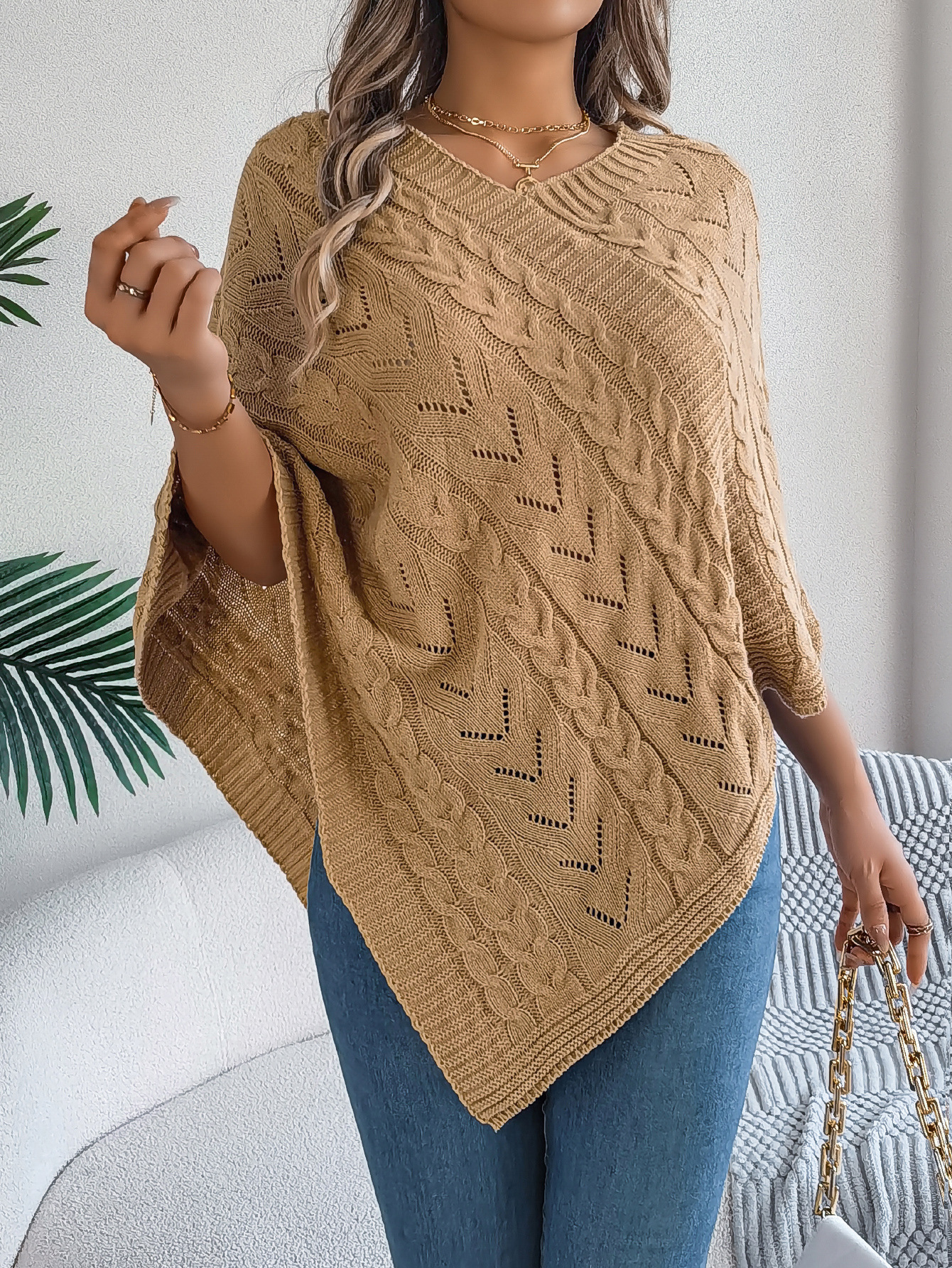 Relaxed Chevron Cable Knit V-Neck Poncho Sweater