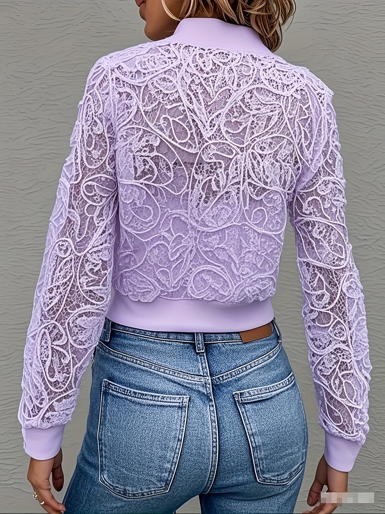 Elegant Lace Mesh Zip Front Cropped Jacket