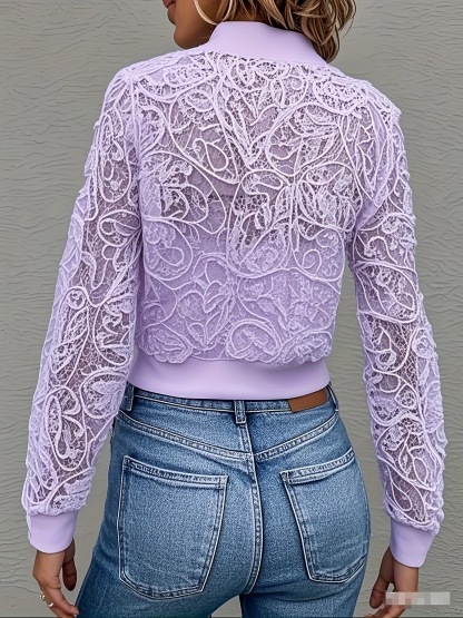 Elegant Lace Mesh Zip Front Cropped Jacket