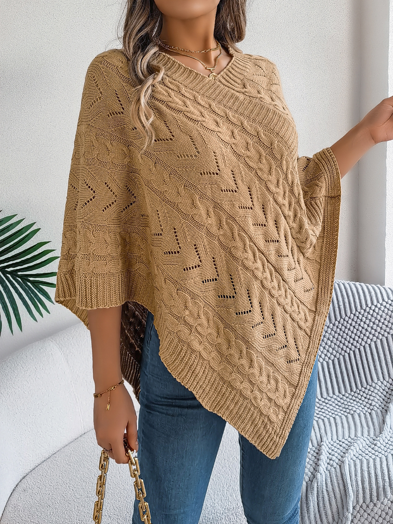 Relaxed Chevron Cable Knit V-Neck Poncho Sweater