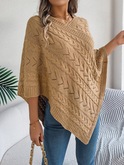 Relaxed Chevron Cable Knit V-Neck Poncho Sweater