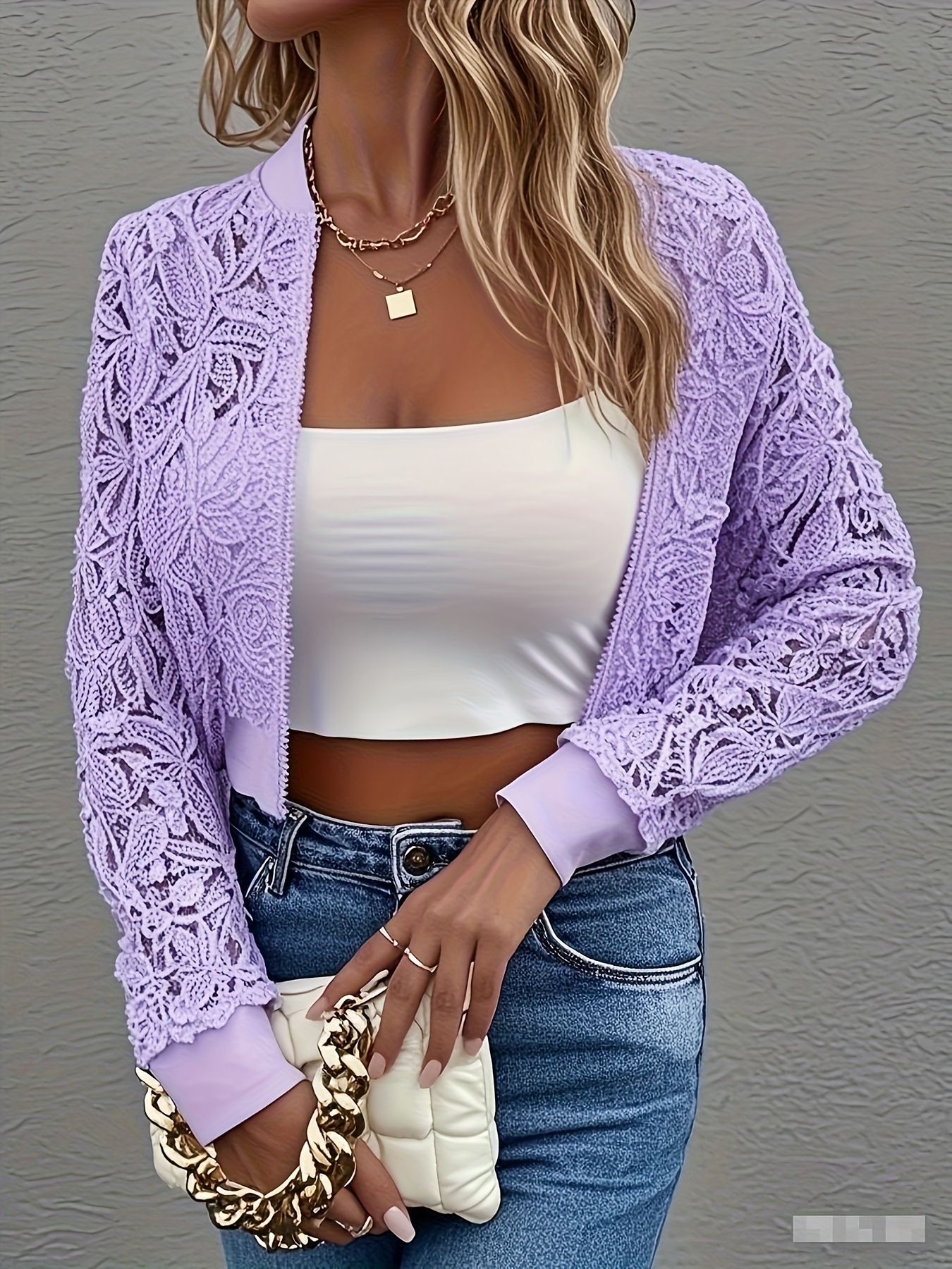 Elegant Lace Mesh Zip Front Cropped Jacket