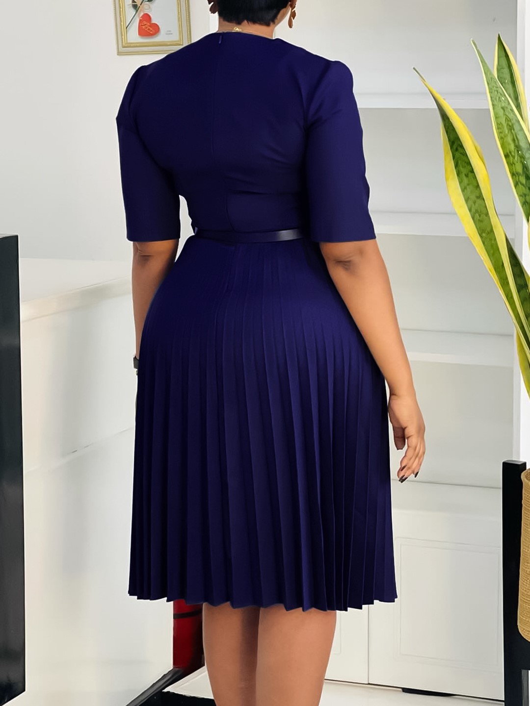 Elegant V-Neck Belted Pleated Midi Dress
