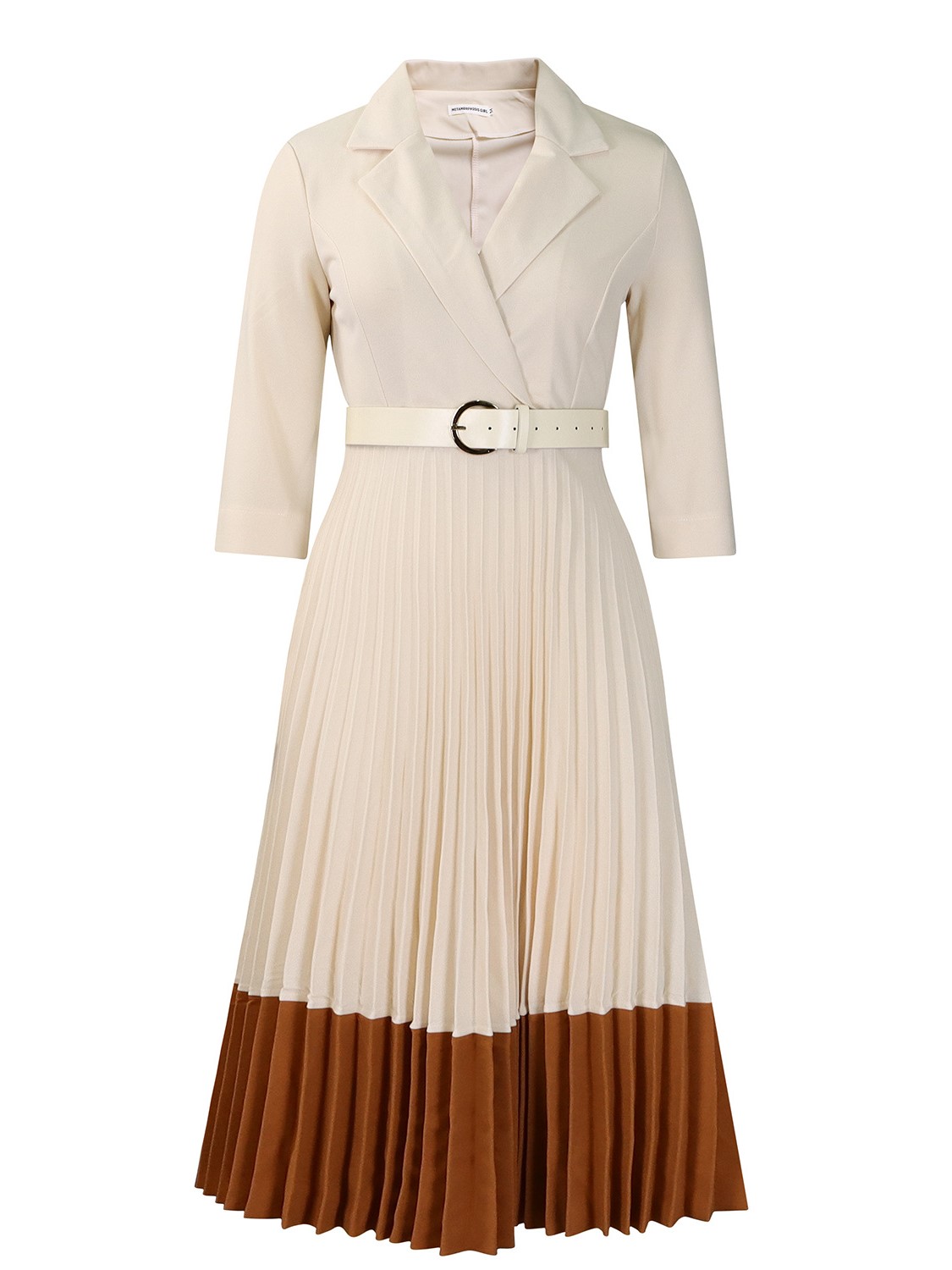Elegant Colorblock Pleated Hem Midi Dress with Belt
