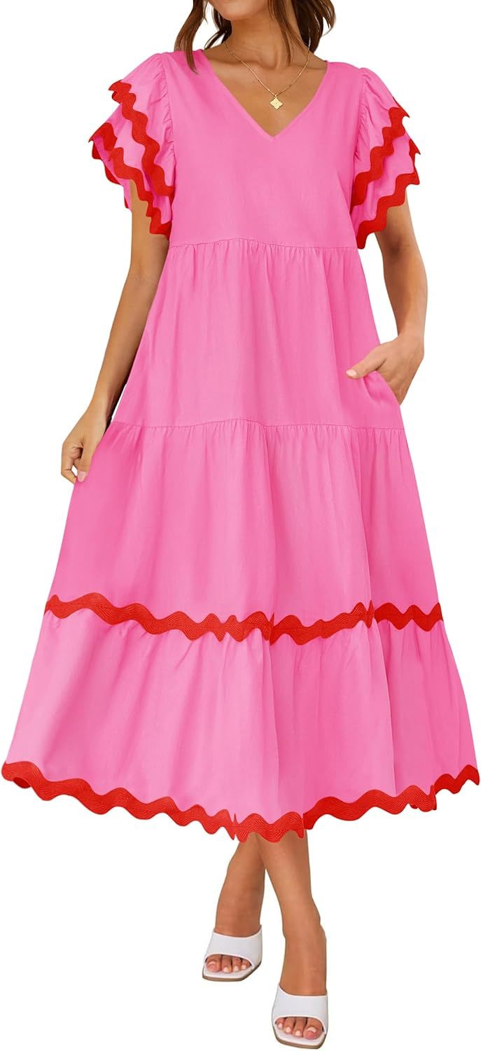 V Neck Flutter Short Sleeve Tiered Long Dress (Buy 2 Free Shipping)