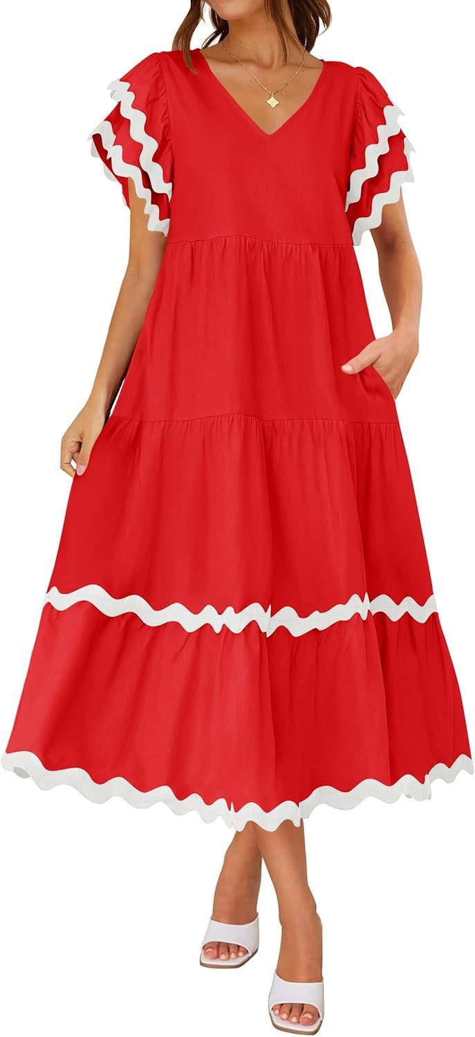 V Neck Flutter Short Sleeve Tiered Long Dress (Buy 2 Free Shipping)