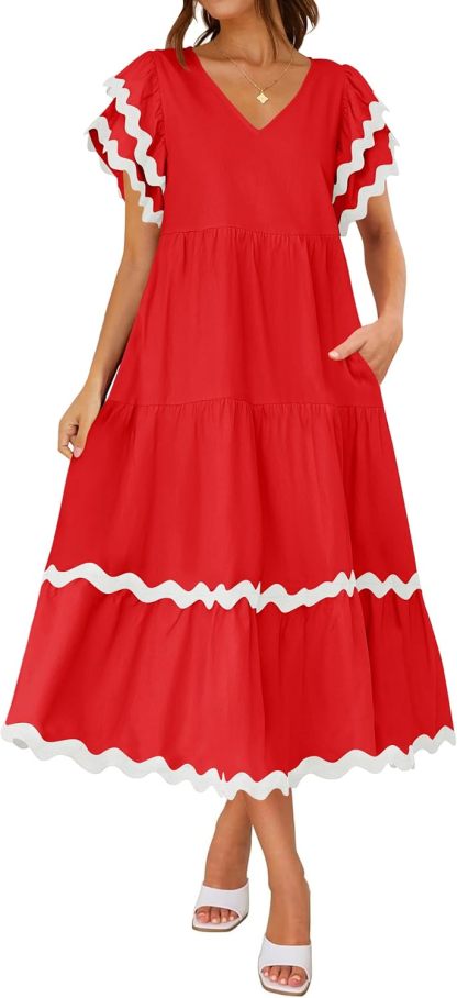V Neck Flutter Short Sleeve Tiered Long Dress (Buy 2 Free Shipping)