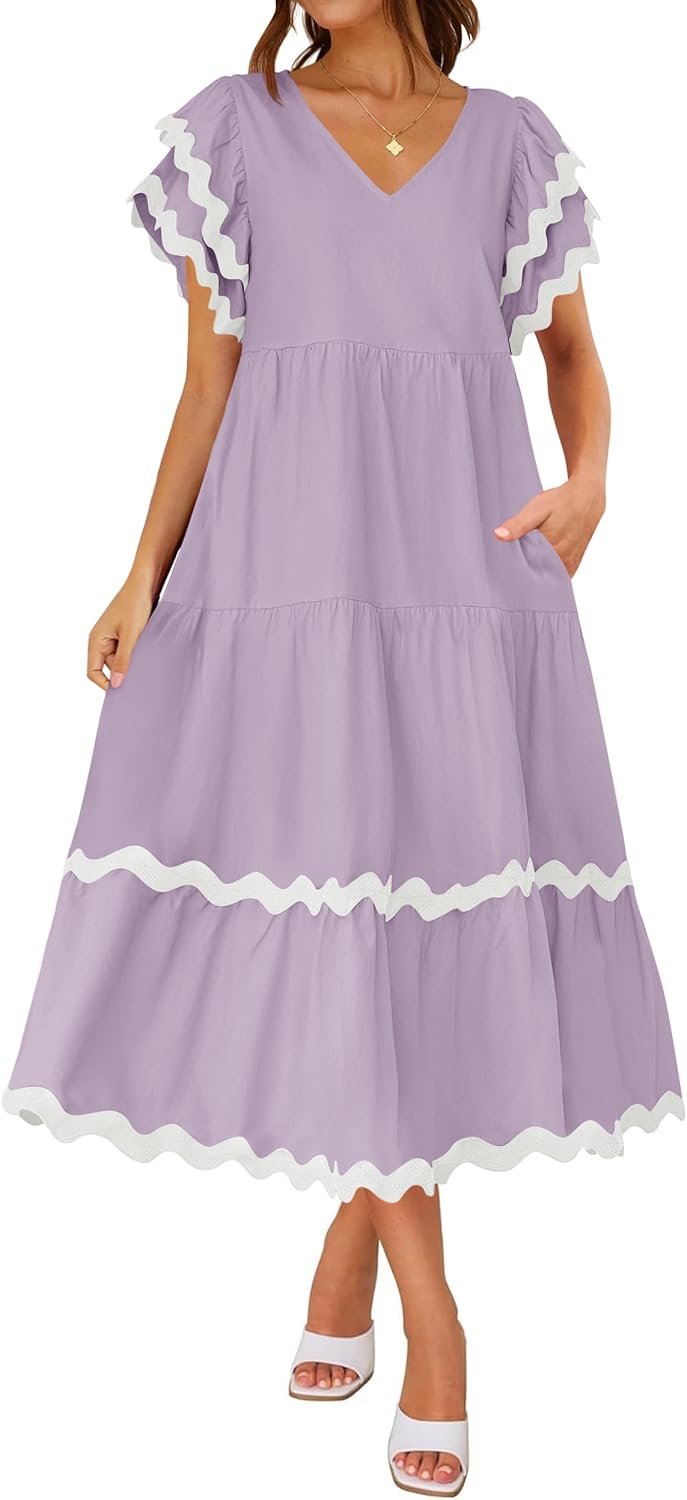 V Neck Flutter Short Sleeve Tiered Long Dress (Buy 2 Free Shipping)