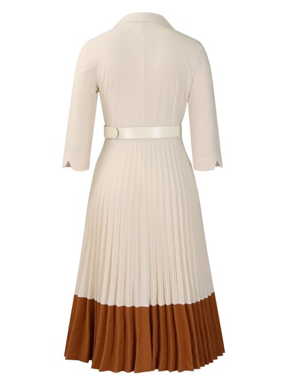 Elegant Colorblock Pleated Hem Midi Dress with Belt