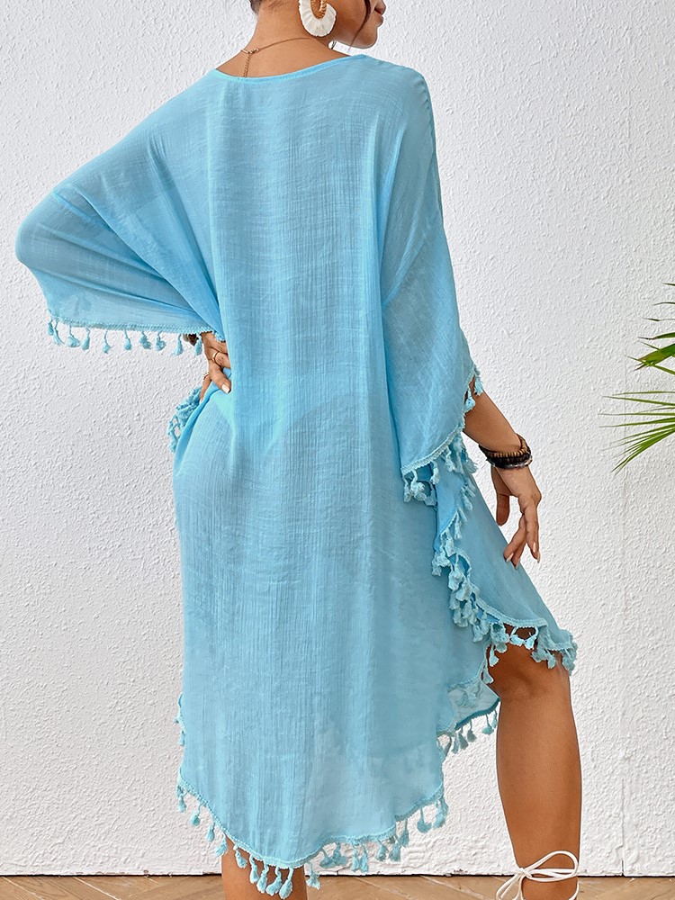 Boho Tassel Trim Crochet Yoke Loose Kaftan Dress