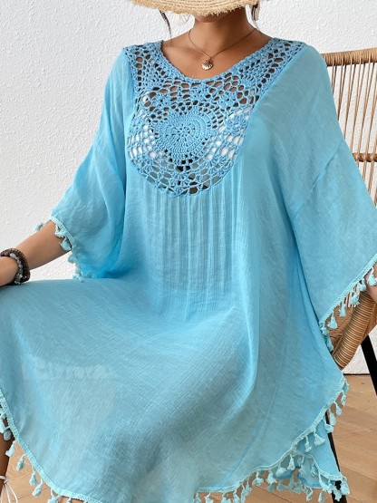 Boho Tassel Trim Crochet Yoke Loose Kaftan Dress