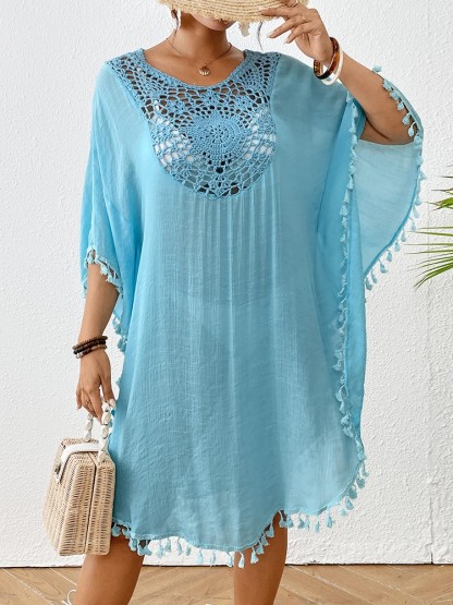 Boho Tassel Trim Crochet Yoke Loose Kaftan Dress