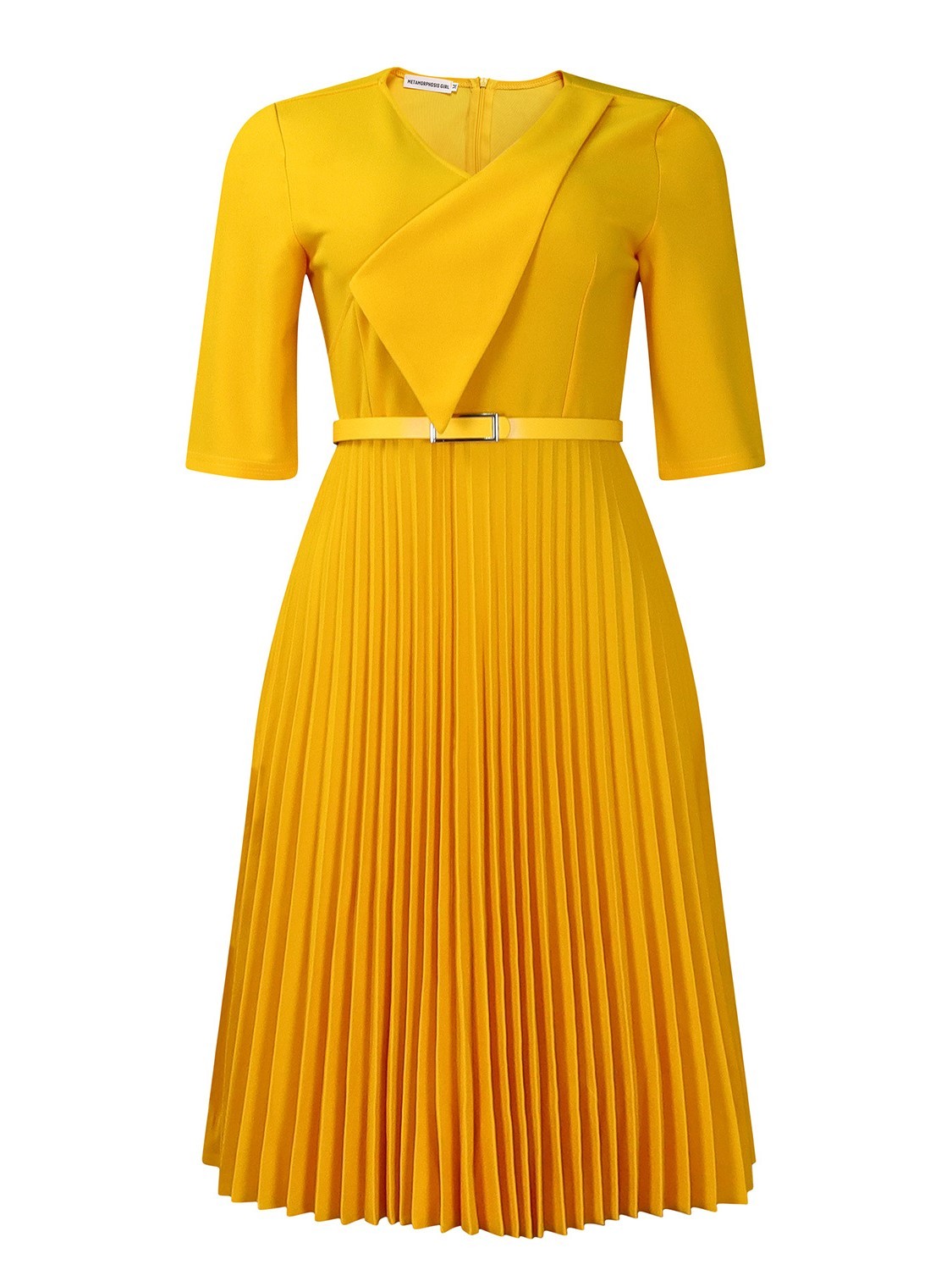 Elegant V-Neck Belted Pleated Midi Dress