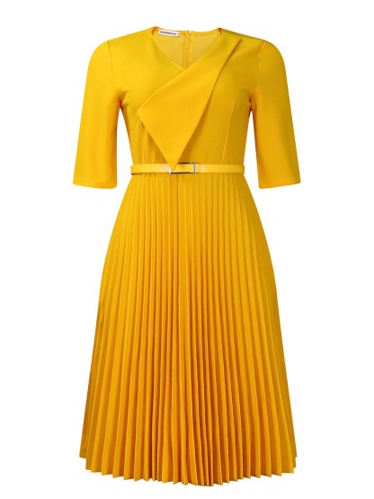 Elegant V-Neck Belted Pleated Midi Dress