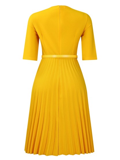 Elegant V-Neck Belted Pleated Midi Dress