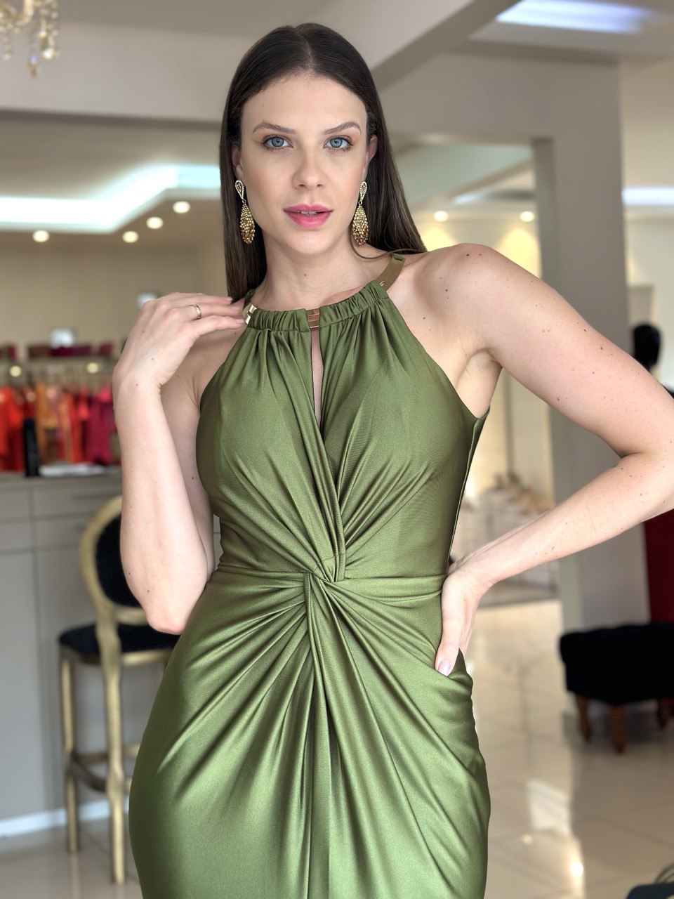 Satin Halter Gown with Ruched Waist and Open Back