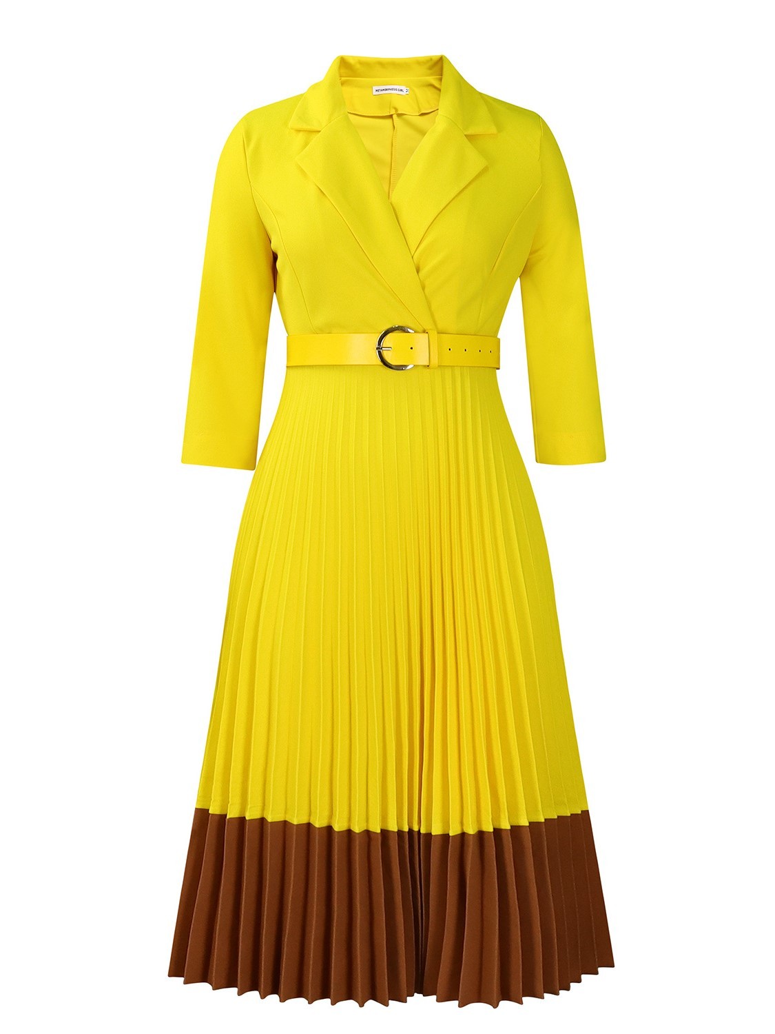 Elegant Colorblock Pleated Hem Midi Dress with Belt