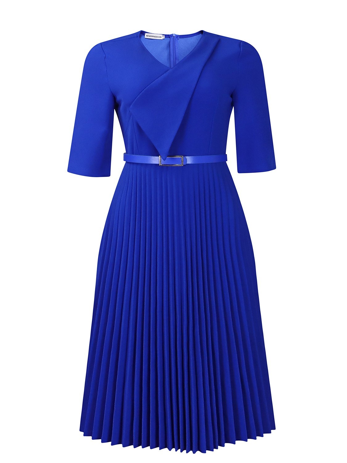 Elegant V-Neck Belted Pleated Midi Dress