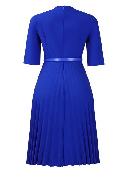 Elegant V-Neck Belted Pleated Midi Dress