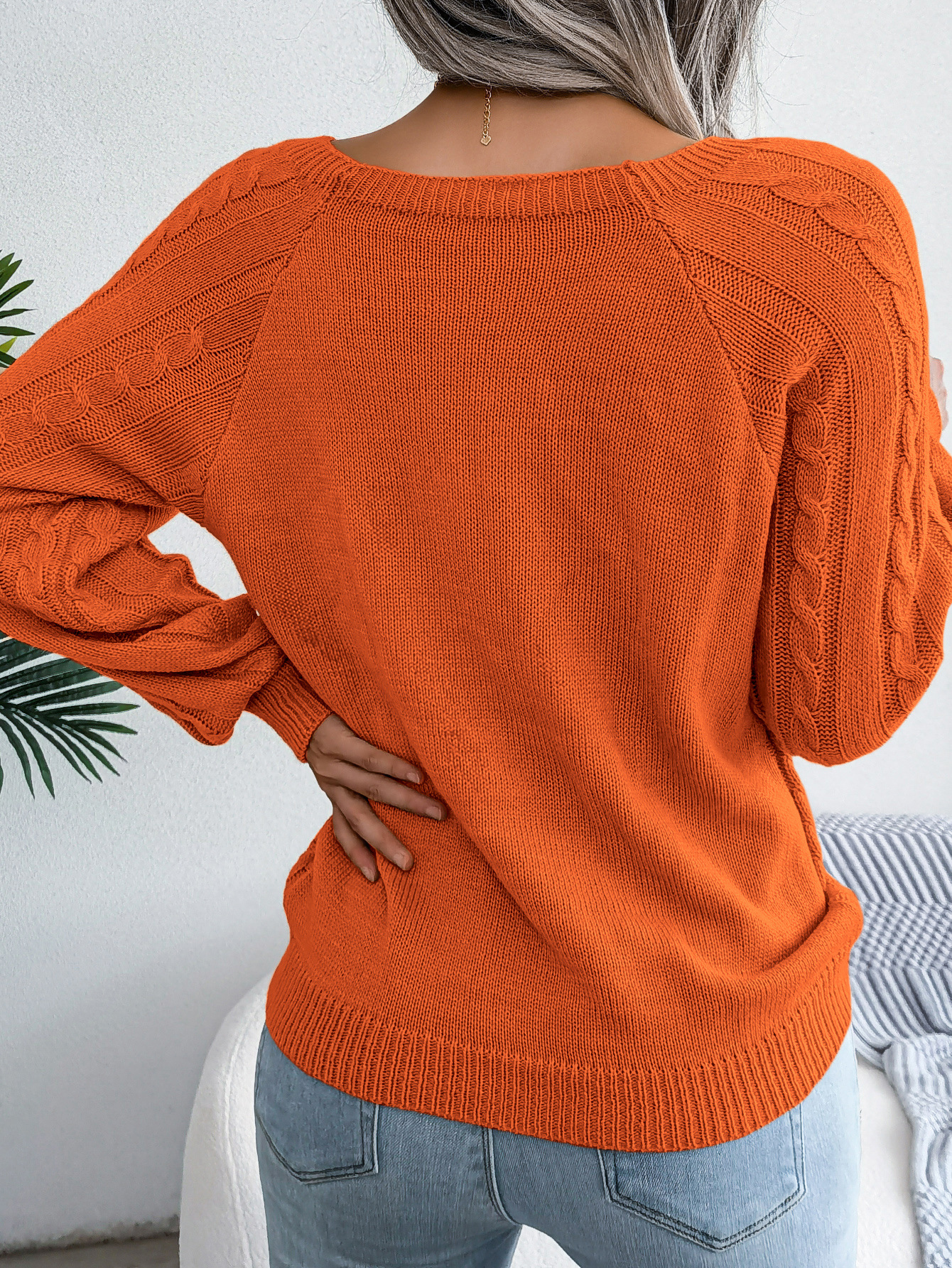 Textured Cable Knit Button Detail Relaxed Fit Sweater