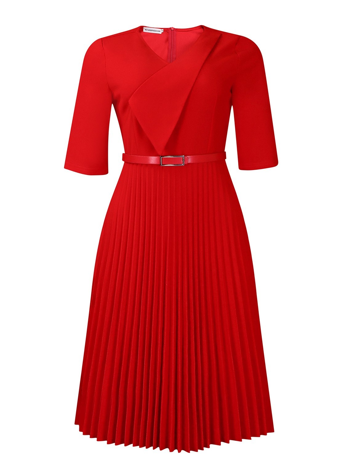 Elegant V-Neck Belted Pleated Midi Dress