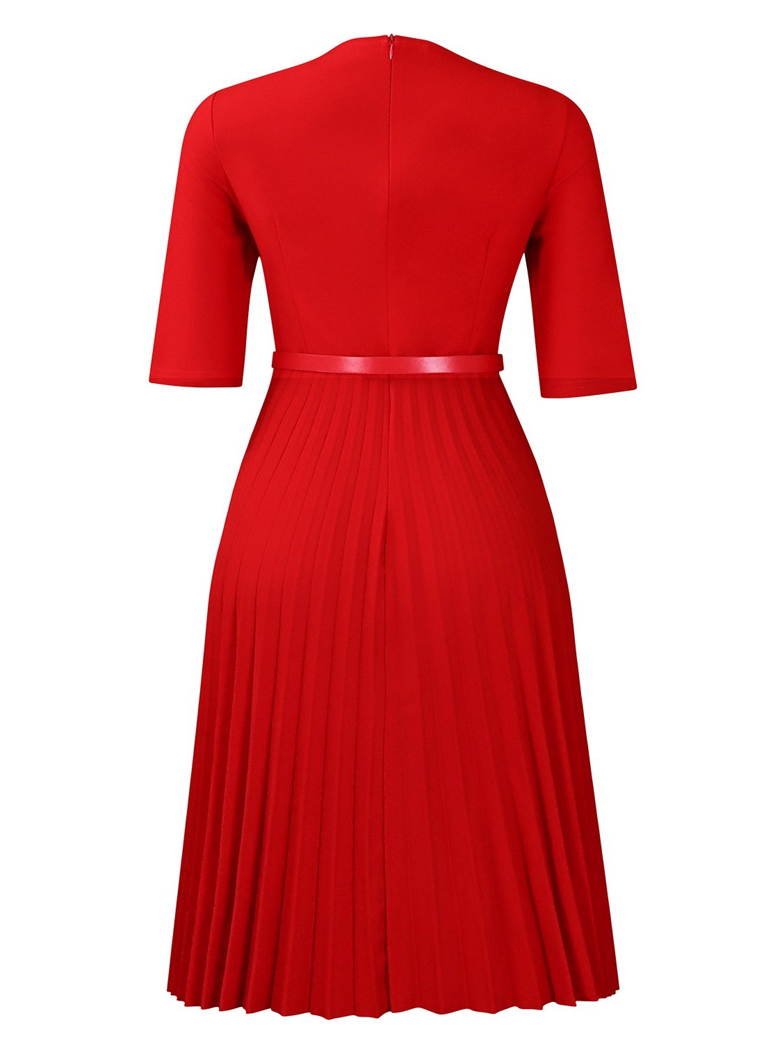 Elegant V-Neck Belted Pleated Midi Dress