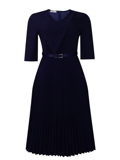 Elegant V-Neck Belted Pleated Midi Dress