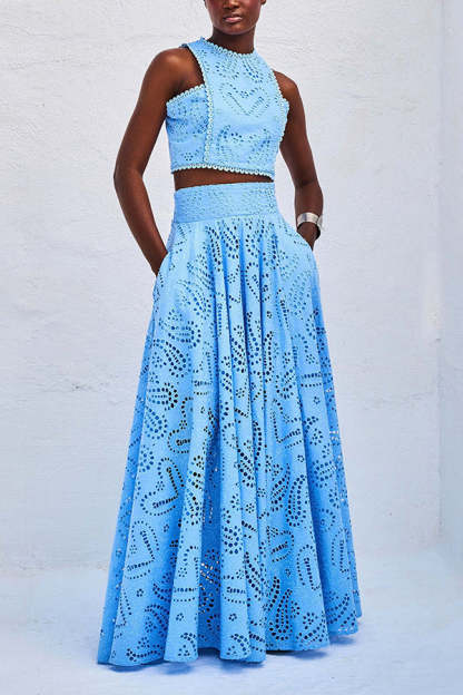 Paris Dreaming Embroidered Lace High Rise Pocketed Maxi Skirt and Crop Tank Top(Buy 2 Free Shipping)