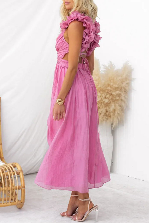 Floral Ruffle Detail Back Lace-up Elastic Waist Maxi Dress