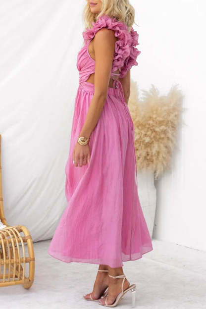 Floral Ruffle Detail Back Lace-up Elastic Waist Maxi Dress