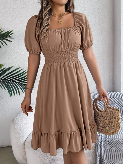 Romantic Square Neck Smocked Waist Ruffle Hem Midi Dress